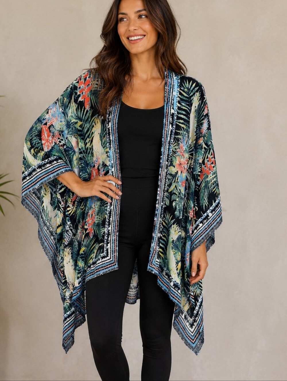 Vince Camuto Kimono Wrap Black Chiffon Floral Fern Print OS Beach Tropical Boho